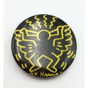 Keith Haring Flying Angel Pin Back Button Black & Yellow Vintage 1987 Pop Art